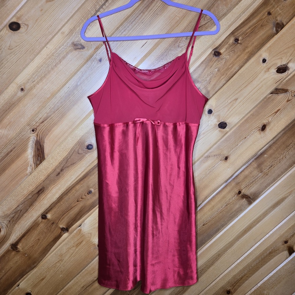 Vtg Delicates Sexy Red Satin Sheer‎ Cowl Neck Short Slip Dress Large